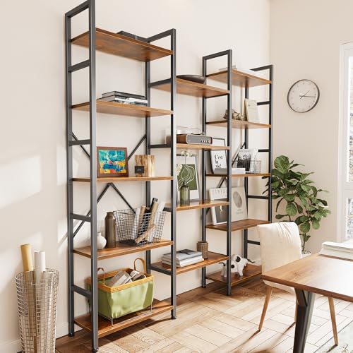 SUPERJARE Triple Bookshelf, Bookcase with 14 Open Display Shelves, Wide Book Shelf Book Case for Home & Office, 5 Tier, Brown - color: Rustic Brown, size: 5 Tier