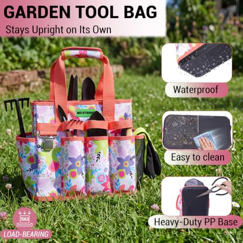MELOTOUGH 12-Pocket Garden Tool Bag with Hard Bottom, Garden Tote, Flower - color: Flower