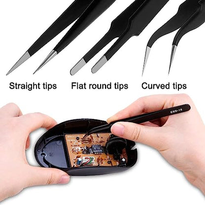 Precision Tweezers Set - 6PCS Anti Static Electronics Tweezers Soldering