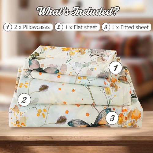 CozySmile Queen Size Printed Sheet Set Soft & Breathable Bedding Deep Pocket 16" Cooling Wrinkle Free Comforter Bed Set Botanical Pattern Sheets (Queen, Butterflies Dancing) - color: A-butterflies Dancing, size: Queen
