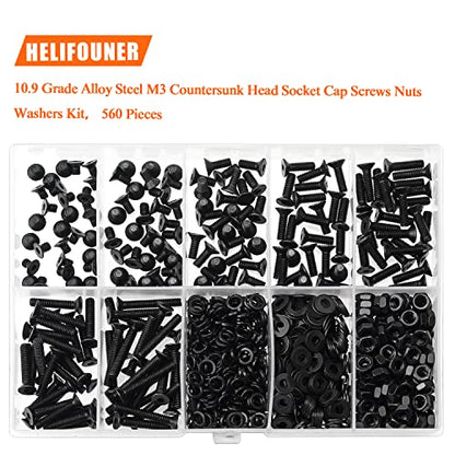 HELIFOUNER 560 Pieces M3 x 5mm /6mm /8mm /10mm /12mm /16mm /20mm, Countersunk Head Socket Cap Screws Bolts Washers Nuts Kit, 10.9 Grade Alloy Steel, Full Threaded, Black - size: M3, style: Countersunk Head