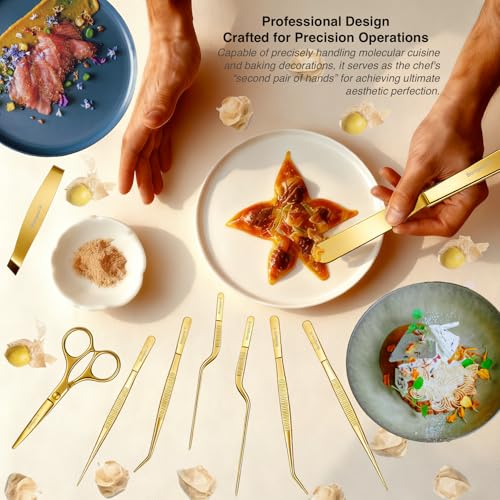 | Pastry Chef's Plating Tools Culinary Set | 10 Piece Professional Pastry Chef Plating Utensils | Spatula, Tweezers, Chef Scissors for Biscuit Decoration, Platig | Stainless Steel (Gold) - color: Gold