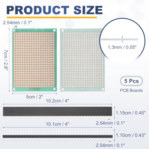 5Pcs 7x5cm PCB Prototype Board w 40-Pin Headers, Green - size: 7x5cm(2.54mm Pitch/1.3mm T)
