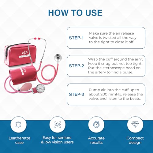 PrimaCare Medical DS-9197-PK Professional Classic Series Manual Adult Size Blood Pressure Kit, Emergency Bp kit with Stethoscope and Portable Nylon Case, Nylon Cuff, Pink - color: Pink