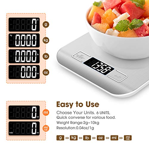 Mik-Nana Food Scale, 22lb Digital Kitchen Scale Weight Grams and Oz for Baking and Cooking, 1g/0.1oz Precise Graduation, Easy Clean Stainless Steel - color: Silver