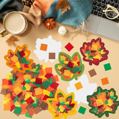 CJiangpo 24 Sets Fall Maple Leaves Suncatcher Paper Craft Kits, DIY Stained Glass Effect Window Ornament Rainbow Tissue Paper Art Craft Classroom Activities Supplies Thanksgiving Party Decor - style: Maple Leaves
