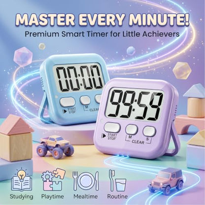 Antonki 2 Pack Digital Timer for Kids Classroom Kitchen Timers for Cooking - color: Sky Blue + Lavender Purple