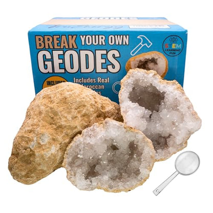 TruEnergy Jumbo Break Your Own Geodes – 2 Massive Natural Crystal Geodes 4.5 to 6.5 Inch, Easy Crack-Open Geology Specimens – Magnifying Glass & Geologist Guide – Gift Ready - [Jumbo] - size: JUMBO (4.5"-6.5")