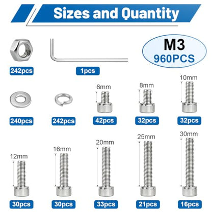 960PCS M3 Hex Socket Screws Assortment Kit, M3x6/8/10/12/16/20/25/30mm - size: SS M3 960PCS