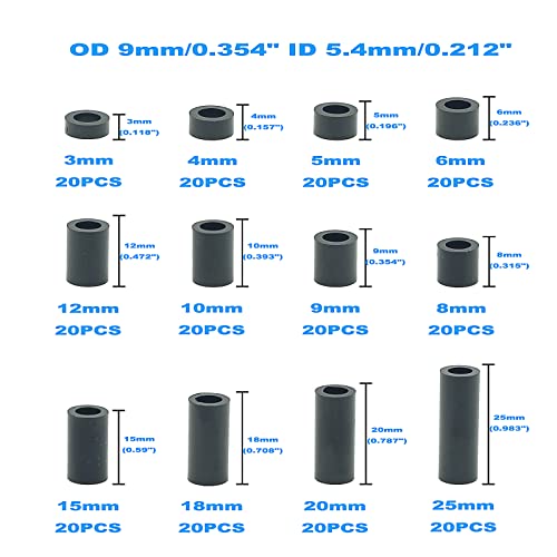 240PCS OD9mm ID5.4mm Black ABS Unthreaded Spacer Kit for M5 Screws - size: OD 9mm ID 5.4mm