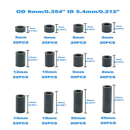 240PCS OD9mm ID5.4mm Black ABS Unthreaded Spacer Kit for M5 Screws - size: OD 9mm ID 5.4mm
