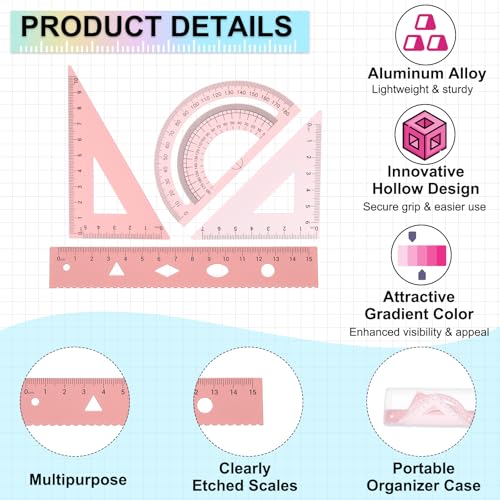 PATIKIL Geometry Set 2Pcs 6" Aluminum Ruler & 4 Triangles, Metal Protractor - color: Gradient Pink, size: 6 Inch