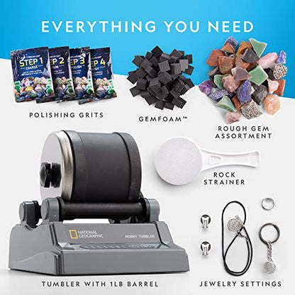NATIONAL GEOGRAPHIC Hobby Rock Tumbler Kit – Durable Leak-Proof Rock Polisher with 7-Day Timer – Complete Rock Tumbling Kit – Geology Hobby for Kids, Educational STEM Science Kit, Rock Collection - style: Hobby Kit with GemFoam