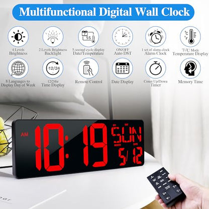 17.2"Large Digital Wall Clock Large Display with Remote Control 180°Visible - color: Red