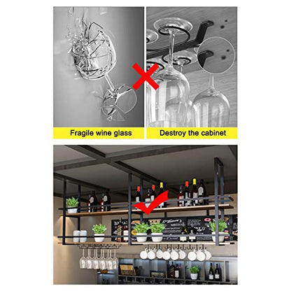 Ceiling Wine Glass Rack with Glass Holder, 47.2in 2-Tier Hanging Bar Shelf - color: Black, size: 47.2×11.8×31.4in