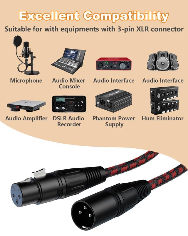 XLR Cables 6ft 2 Pack, 3-Pin Male to Female Balanced Mic Cable - color: Black-Red, size: 6 Feet