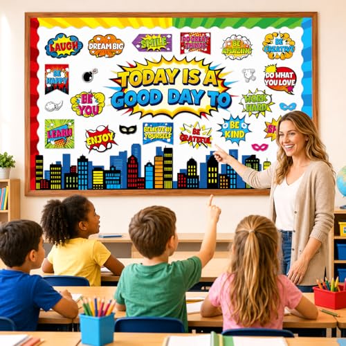 Hero Themed Mental Health Bulletin Board Set Motivational Classroom Decor Today is Good Day Inspirational Affirmation Super Themed Cutouts for Back to School Party Classroom Chalkboard Wall Door Decor - style: Today is Good Day to