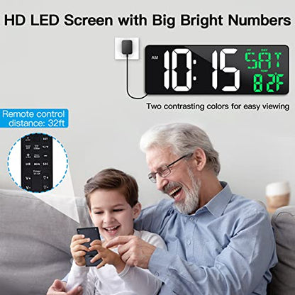 17" Large Digital Wall Clock with Remote, Auto Dimmer, Date Temp, Timer - color: Green + White