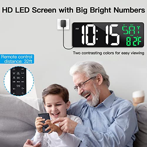 17" Large Digital Wall Clock with Remote, Auto Dimmer, Date Temp, Timer - color: Green + White