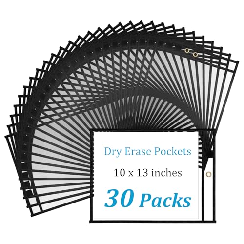 Ndsox 30 Packs Dry Erase Pockets Reusable Oversized Plastic Sleeves Clear Job Ticket Holders Heavy Duty Transparent Hanging Document Protectors for Classroom School Office Work Warehouse, Black
