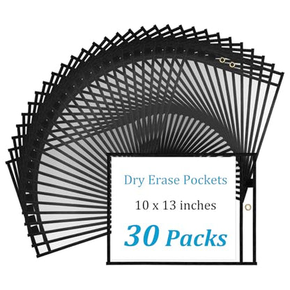 Ndsox 30 Packs Dry Erase Pockets Reusable Oversized Plastic Sleeves Clear Job Ticket Holders Heavy Duty Transparent Hanging Document Protectors for Classroom School Office Work Warehouse, Black