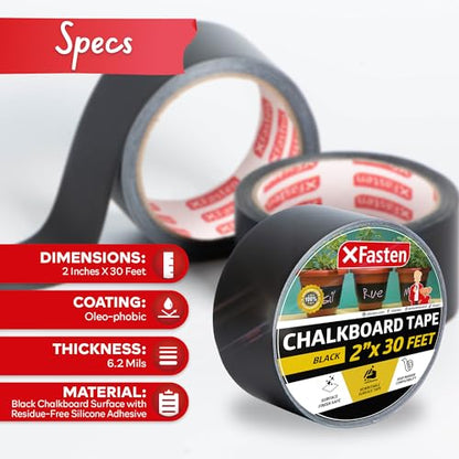 XFasten Black Chalkboard Tape Removable, 2-Inch x 30-Foot, Black, Smudge Resistant Sticky Chalkboard Label Duct Tape - size: 2-Inch x 30-Foot