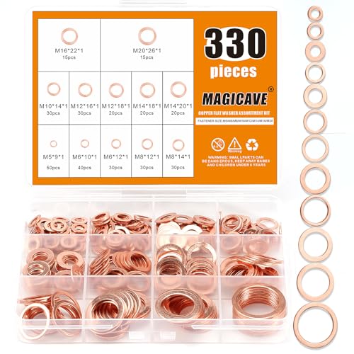 330 Pcs Copper Washers Assortment Kit – 12 Sizes Flat Sealing Crush Washers (M5-M20) for Automotive, Plumbing, and Mechanical Use - color: Copper Washers-330Pcs