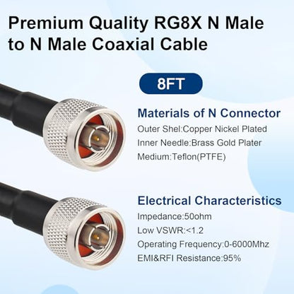 MOOKEERF RG8X N Male to N Male Cable 8FT,Ultra Low Loss N Cable 50 ohm RG8X Stranded Core for WiFi Router,Amplifier,Antenna,Signal Booster Use - size: 8FT