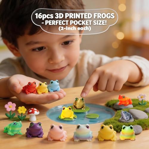 16Pcs Mini 3D Printed Frog Bulk, Articulated Frog Small Animal Figurines, 3D Printed Fidget Toys for Easter Basket Stuffers, Easter Egg Fillers for Kids, Desk Pets for Classroom Prizes - color: 16pcs Frog