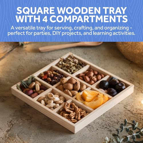 DIY Square Wooden Divided Serving Tray 12 x 12-inch, Pack of 5 9-Section Candy Tray for Vegetable & Fruit Party Platters, by Woodpeckers - size: 12" x 12" 9 Part