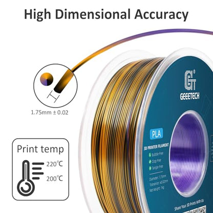 Geeetech Silk PLA Tri Color Filament 1.75mm 3D Printer Filament, Coextrusion Purple Gold Black Tri-Colors Metal-Like Shiny Silk PLA Filament, 1kg (2.2lbs) 1 Spool, Dimensional Accuracy +/- 0.02 mm - color: 1kg Triple Color Purple-gold-black