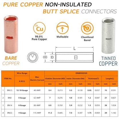 SVAAR Butt Connectors Kit 132PCS 4/6/8/12-10 Gauge Crimp Butt Splice Wire Connectors Non Insulated Butt Splice Connectors Bare Pure Copper 66 PCS Uninsulated Butt Terminals & 66 PCS 3:1 Heat Shrink - color: Non-Insulated Splice - Bare Copper
