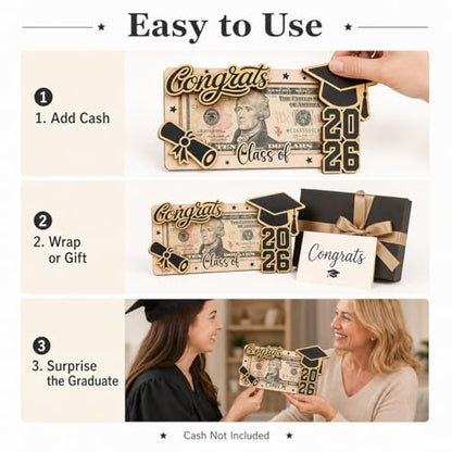 KATINAT 1pc Graduation Money Holder 2026, Congrats Class of 2026 Cash Gift Holder, Wooden Graduation Gift Card Holder for High School College Seniors, Grad Gift for Her, Him - color: Black Gold