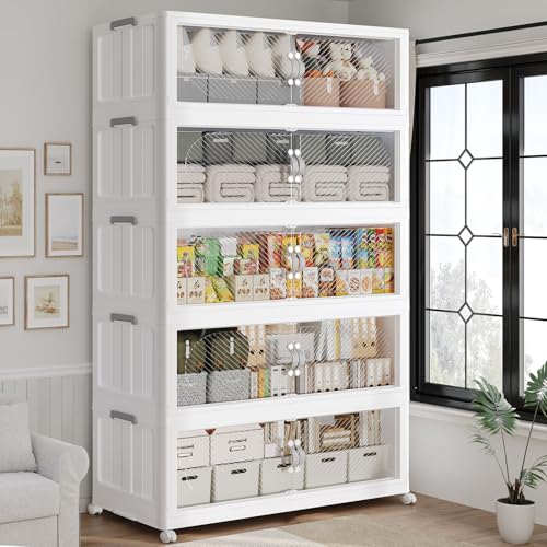 300QT Extra Large Stackable Storage Bins with Lid, 75Gal Plastic Closet Organizers and Storage Drawer, Collapsible Cabinet Box with Wheels Clear Doors for Home Kitchen Garage, 5Pack White - color: White, size: 60QT-5Pack