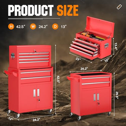 Oakcloud Heavy-Duty 8-Drawer Rolling Tool Chest & Cabinet Combo with Black Liner – Lockable Steel Garage Tool Box on Wheels – Detachable Top Toolbox & Bottom Storage Cart with Side Hooks, Red - color: Red, size: 8-Drawer