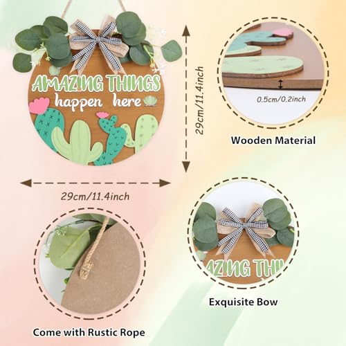 HLNIUC Amazing Things Happen Here Wooden Sign(11”x11”)3D Round Desert Cactus Door Hanger,Inspirational Classroom Teacher Wreath Hanging Plaque,Cute Cactus Front Door Wood Signs for Preschool Daycare - color: Welcome Classroom
