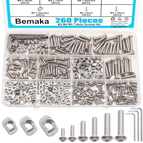 260PCS M3 M4 M5 T Nuts Screws Kit, T Slot Nuts Hammer Head Fastener with Nickel Plated Carbon Steel Button Head Screws for 2020 Series Aluminum Extrusion Profile - color: Silver-M3 M4 M5