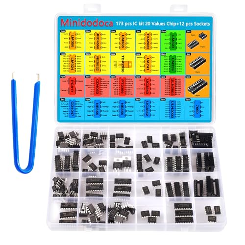 IC Chips kit Minidodoca 173 pcs 20 Values Chip Assortment Set+12 pcs Sockets;Integrated Circuits op amp kit 555 Timer IC Included NE555,LM358, LM324, LM393, LM339, NE5532, LM386,UA741,IC Plier etc - style: 173pcs ic kit