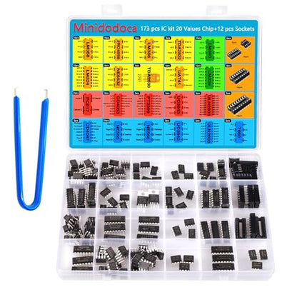 IC Chips kit Minidodoca 173 pcs 20 Values Chip Assortment Set+12 pcs Sockets;Integrated Circuits op amp kit 555 Timer IC Included NE555,LM358, LM324, LM393, LM339, NE5532, LM386,UA741,IC Plier etc - style: 173pcs ic kit