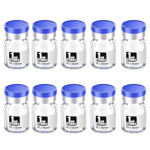1ml 10pcs Sterile Empty Vial with Plastic Aluminum Flip Off Caps，Penicillin Bottle 13mm Crimp Top Sterile Transparent Borosilicate Lab Sample Vial (Transparent) - size: 1ml 10pcs