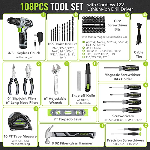 WORKPRO 12V Cordless Pink Drill Set for Women, Home Tool Kit with Tool box - color: Grey