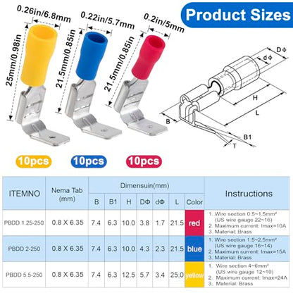 PAGOW 30 Pcs Piggyback Spade Connectors, 22-10 AWG 1/4"