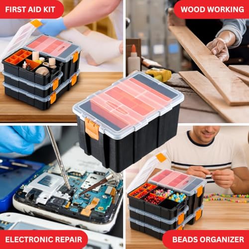 Andalus Tools Organizer Box, Small Parts Storage Multi-Compartment Portable Hardware Organizer Removable Plastic Dividers for Screws, Nuts, Bolts, Nails – Orange (4 Set, 12.2" x 9.1" x 7") - size: 4 Set, 12.2" x 9.1" x 7"
