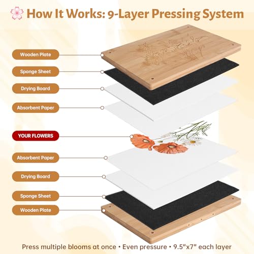 HomdMarket Spring Flower Press Kit - 12"x8" Wooden Press with 6 Layers & Even Pressure, Includes Tools & Archival Envelopes for Dried Flowers, Wedding, Resin Art