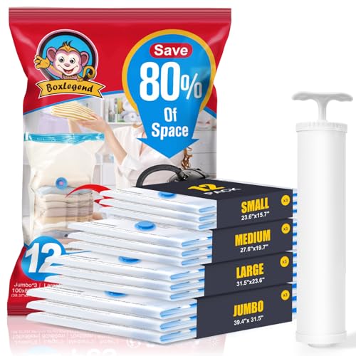 BoxLegend Vacuum Storage Bags with Large Hand Pump 12 Combo (3 Jumbo,3 Large, 3 Medium, 3 Small) Thickened Vacuum Seal Bags for Clothing Coat Bedding Quilt Blanket Pillow Comforters - size: 12 Combo