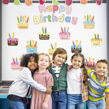 FYSUIMU 67 Pcs Happy Birthday Bulletin Board Decoration Set Birthday Cake Cutouts Back to School Paper Cutting with Glue Points for First Day of School Party Classroom Wall Calendar