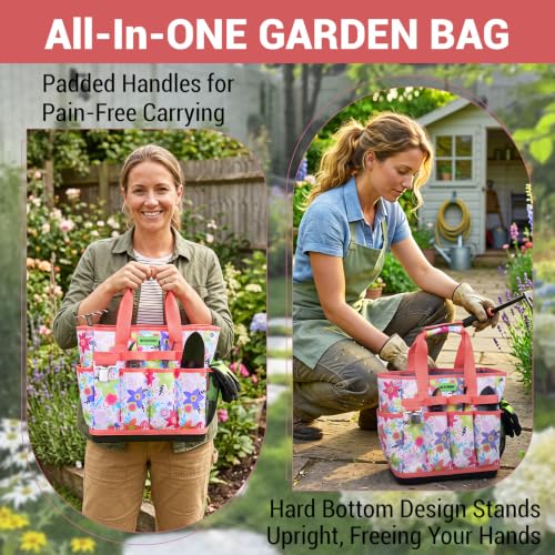 MELOTOUGH 12-Pocket Garden Tool Bag with Hard Bottom, Garden Tote, Flower - color: Flower