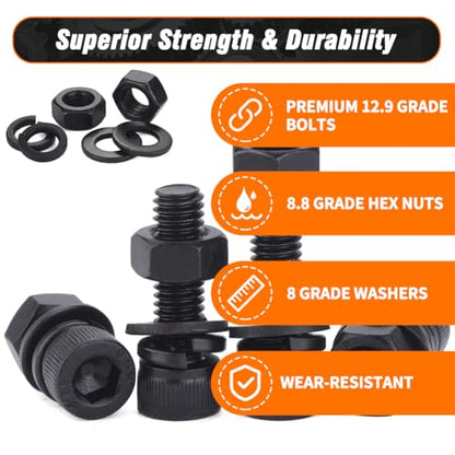 12.9 Grade M8 Screws Assortment Kit, 72pcs Bolts and Nuts Washers Set - size: M8 Bolts and Nuts Washers 16-30mm