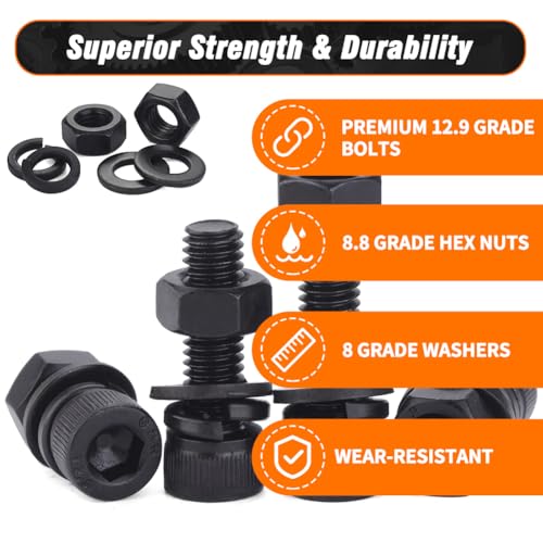12.9 Grade M5 Screws Assortment Kit, 256pcs Bolts and Nuts Washers Set - size: M5 Bolts and Nuts Washers 10-40mm