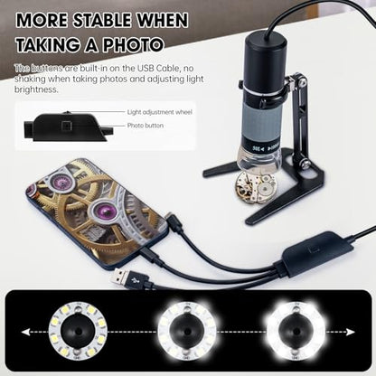 1080P USB Digital Microscope with Metal Stand, 50X-1000X Handheld Microscope Camera with 8 LED Lights Compatible with iPhone/Android/Windows/Mac - color: Black